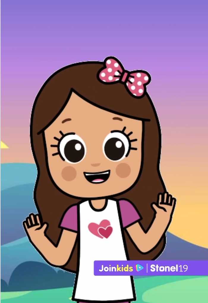 A Lulu, personagem da JoinKids, em tela cheia acenando com as duas mãos, com a assinatura JoinKids e Stonel19 sobre a imagem.